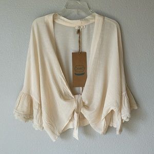 NWT Kori America Woven Lace Edge Top